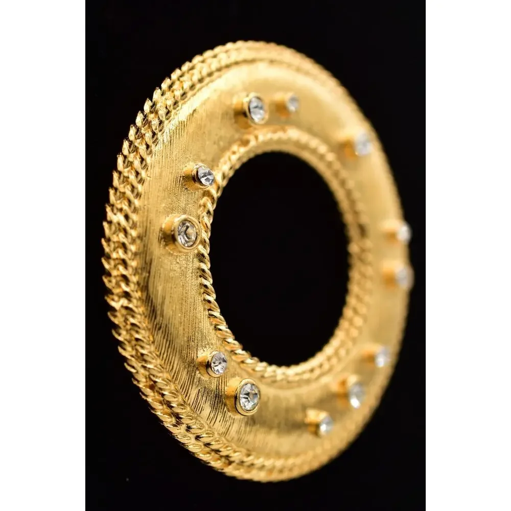 Vintage Chunky Round Pin Brooch Textured Matte Rhinestone Crystal Heavy 1980s 9B